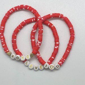 Handmade  Red and White Clay Beads Personalized  3 pc Breaded Bracelet Set